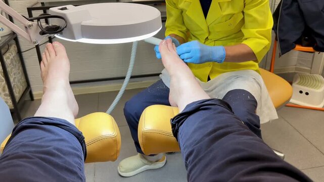 Hardware medical pedicure using a drill and nail files. A patient has a pedicure at a podiatrist. A dangerous fungal lesion of human toenails. Onychomycosis, treatment of nail fungus.