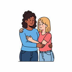 Obraz premium Two diverse women embrace warmly, showing mutual support and deep connection symbolizing friendship, partnership, or solidarity between people.