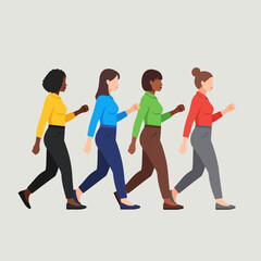 Fototapeta premium Diverse group of four professional women walk purposefully forward in profile view symbolizing teamwork, progress, and unity.