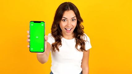 Excited brunette woman displaying a blank green screen Phone Mockup on a smartphone, perfect for your app advertisement or digital content - Powered by Adobe