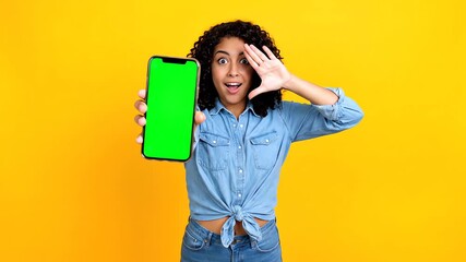 Excited young woman showcasing a modern smartphone with a green screen for your custom Phone Mockup display