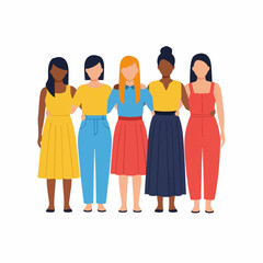 Fototapeta premium Diverse group of five standing women link arms together in solidarity symbolizing friendship, teamwork, and female empowerment.