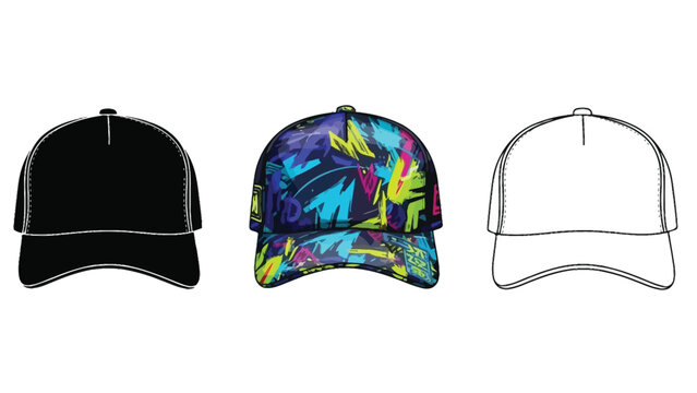 Baseball cap set in black colorful and outline styles representing casual fashion headwear and modern street style