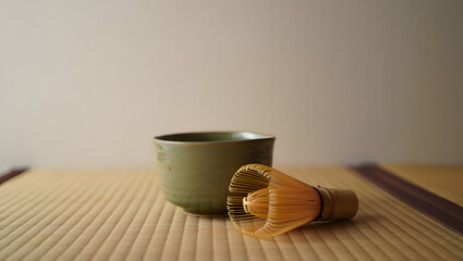 Local Flavor Cultural specificity Kyoto matcha bowl on tatami mat bamboo whisk morning light Japan