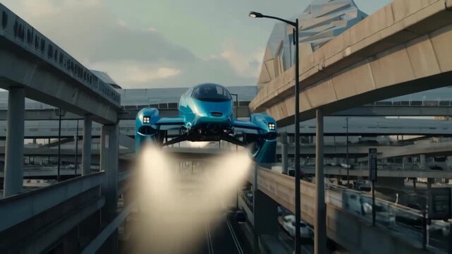 Futuristic Flying Car Landing in Urban City