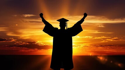 A proud graduate stands on a beach at sunset, arms raised high in the air, celebrating a significant milestone. The vibrant sky enhances the moment of joy and accomplishment.