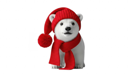 Polar Bear in Festive Attire: A charming polar bear cub, adorned in a vibrant red knitted hat and matching scarf, exudes warmth and holiday cheer, perfect for winter themes.