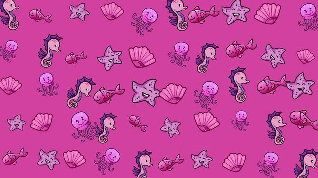 Repeating sea life illustrations of seahorses, fish, octopi, shells, and starfish. Perfect for oceanthemed designs, stationery, textiles, and childrens products.