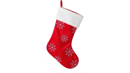 Festive Christmas Stocking: A vibrant red stocking with a fluffy white cuff adorned with delicate snowflakes, embodying the warmth of the holiday spirit.