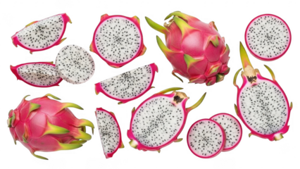 Dragon Fruit Showcase: Vibrant slices and whole dragon fruit, showcasing its exotic beauty and unique textures. A close-up, top-down view, highlighting the dragon fruit's pink skin and speckled flesh.