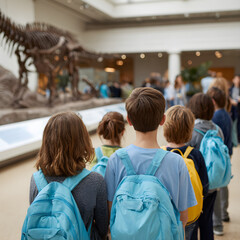 Obraz premium Rear View of Students with Backpacks on Field Trip to Natural History Museum