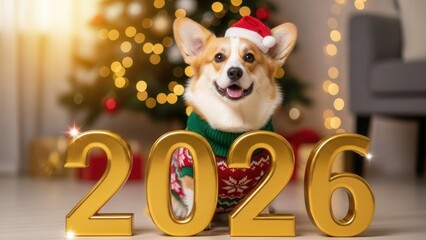 Festive Corgi's Holiday Cheer: A charming Corgi dog, decked out in a festive sweater and santa hat, eagerly anticipates the holiday season in front of a twinkling Christmas tree and 2026 numeric.