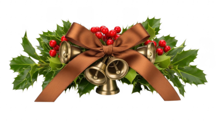 Golden Bells Festive Arrangement: A charming composition of holiday cheer featuring shiny gold bells accented with holly leaves, red berries, and a luxurious brown ribbon bow.