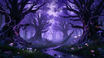 Enchanting mystical fantasy forest with ancient gnarled trees, a tranquil stream, and glowing flora, all bathed in a captivating Purple Background glow at twilight