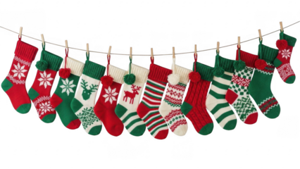 Festive Stocking Display: A row of vibrantly decorated holiday stockings, each unique in design, hangs in anticipation of the season's delights, embodying the spirit of cheer and anticipation.