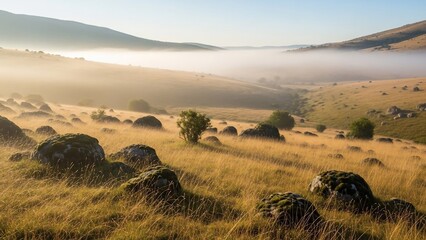 Obraz premium Foggy morning mist covers a landscape of golden rolling hills and mossy rocks