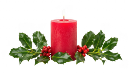 Festive Candle and Holly: A vibrant red candle, encircled by lush green holly, embodies the warmth and festivity of the season. A serene representation of classic celebration of christmas atmosphere.