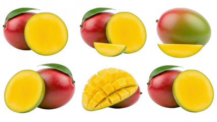 Mango Extravaganza: A vibrant arrangement showcasing the lusciousness of ripe mangoes, presented in various states of preparation. From whole fruits to perfectly sliced segments.