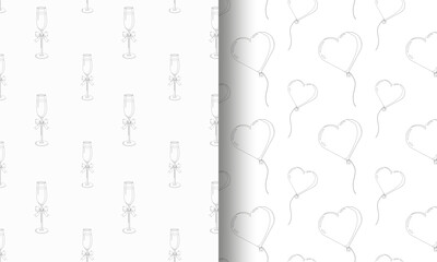 Obraz premium Set of two seamless patterns champagne flutes with bows and heart-shaped balloons. Ideal for Valentine s Day, weddings, and festive wrapping paper or backgrounds