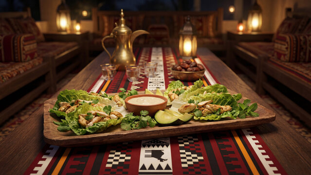 Ramadan Diwaniya Iftar with Chicken Lettuce Wraps and Dipping Sauce in Traditional Arabic Majlis


