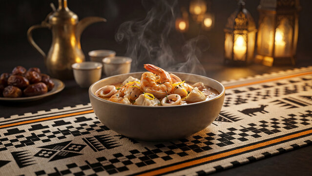 Ramadan Diwaniya Seafood Soup with Shrimp and Calamari in Bowl, Arabic Lanterns and Dates in Background


