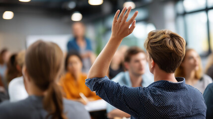 Active participation at conference seminar attendees raising hands asking questions voting discussion point engagement interactive presentation defocused crowd