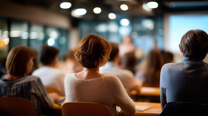 Group of faceless people sit in classroom with large screen background educational setting training session seminar environment learning atmosphere