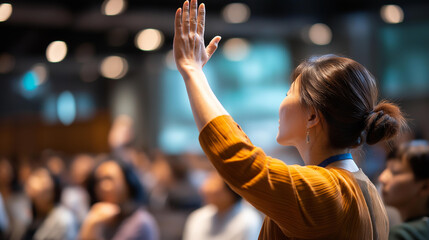 Faceless man from audience asks question to speaker interactive presentation conference engagement seminar participation Q&A session professional event