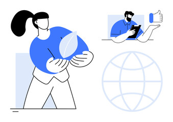 Sustainability, technology, teamwork, global connectivity, eco-consciousness, workplace cooperation. Person holding a leaf, globe another with tablet. Sustainability and technology