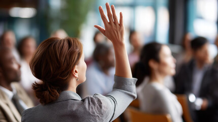Faceless female manager asks questions from audience attending business seminar convention center presentation professional engagement interactive session