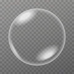 Realistic Transparent Soap Bubble on Dark Background, Clear Glass Sphere with Light Reflections, 3D Circular Air Bubble and Liquid Water Drop Vector Illustration