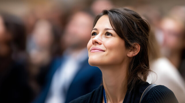 Confident faceless business woman engaging in Q&A session professional presentation audience interaction seminar participation public speaking industry event - Powered by Adobe