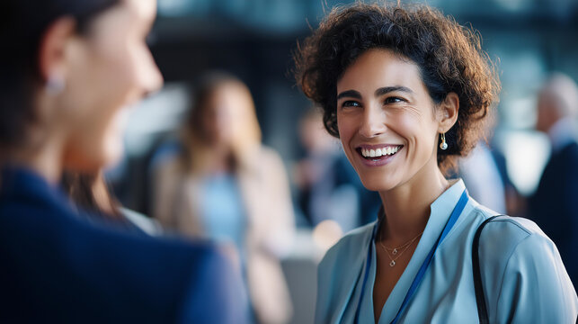 Meeting within company networking at reception faceless group employees businesswomen chatting networking event sharing conversation with smile - Powered by Adobe