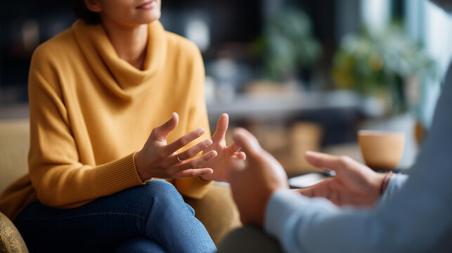 Engaged in deeply meaningful discussion during therapy session cozy comfortable office intense hand gestures counseling meeting psychological support mental