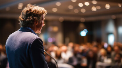 Faceless person standing with back to camera addressing audience public speaking event conference presentation professional seminar lecture delivery stage