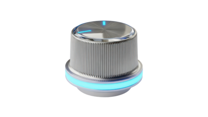 Modern volume knob with blue LED light isolated on transparent background