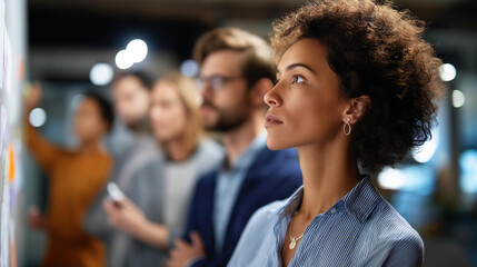 Collaborative brainstorming group of professionals in meeting room interaction focus blurred background emphasizing team planning creative discussion