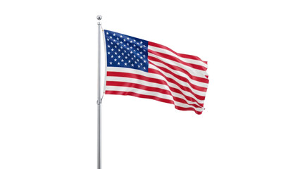 American flag waving on flagpole, isolated on transparent background