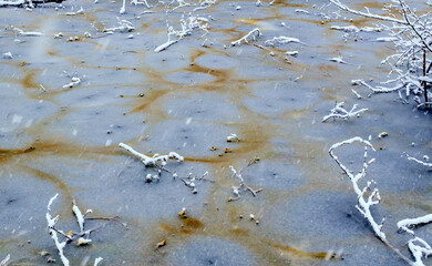 Image Description

A Frozen Pond Surface With Swirling Amber Patterns Covered In Light Snowfall And Scattered Frosty Tree Branches During Winter Time