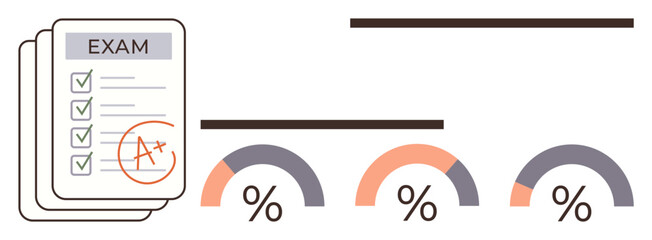 Education, academic assessment, grading, performance analysis, learning outcomes, academic success. Exam paper with A plus grade and proportional percentage graphs. Education and grading concept