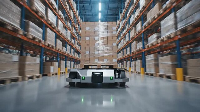 Autonomous robot navigating through a large warehouse with stacked boxes and shelves.