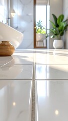 Fototapeta premium A serene bathroom scene highlighting shiny tiles, a wooden vessel, and lush greenery