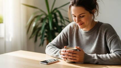 Woman sitting at table with cup and smartphone. A woman sits at a wooden table, holding a cup and looking at her smartphone with a plant in the background.