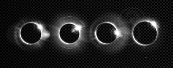 Ring flare halo light for angel glow and white lens effect. 3D design circle with beam portal or abstract radial line through glossy glass eclipse. Bright blue neon aura and golden sparkle.