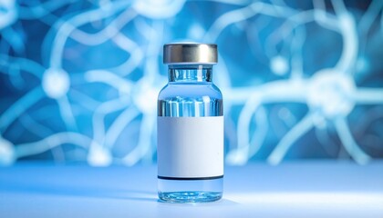 Small glass medicine vial with a blank label stands against a blue background featuring blurred, glowing neuron like connections
