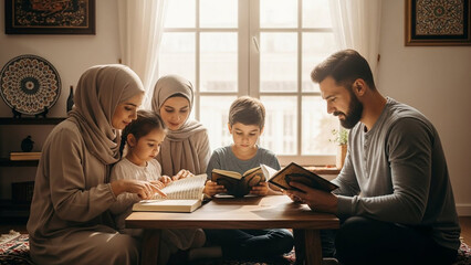 Muslim family reading the Qur'an at home