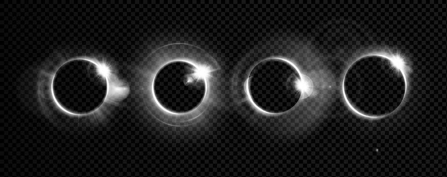 Ring flare halo light for angel glow and white lens effect. 3D design circle with beam portal or abstract radial line through glossy glass eclipse. Bright blue neon aura and golden sparkle.