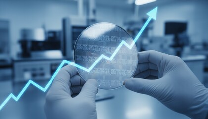 Hands in white gloves holding translucent semiconductor wafer with glowing blue arrow pointing upward representing technology market success