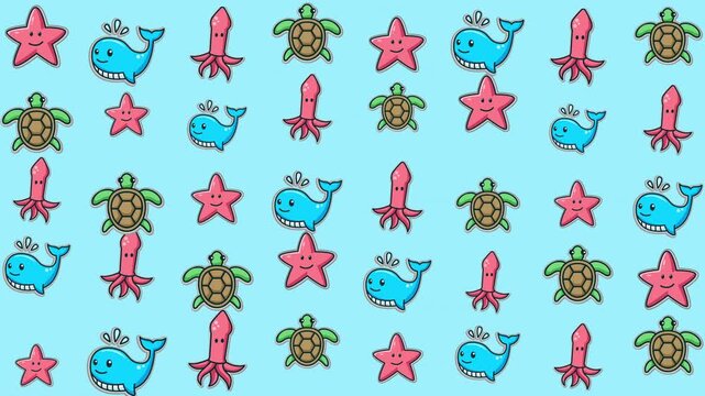 Scattered cartoon starfish, whales, turtles, and squid on a blue background. Ideal for marinethemed designs, childrens products, and educational materials.