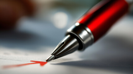 Pen and red arrow symbolizing ethical trade compliance checklist for business integrity and regulatory adherence, directional compliance, with copy space